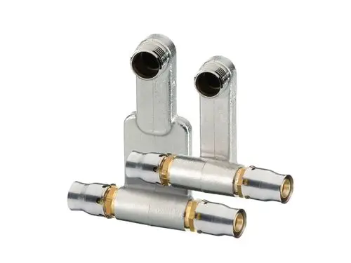 HK-Anschluss Set von Fränkische, bestehend aus zwei metallischen Verbindungsstücken mit einschraubbarem Anschluss und einem geraden Element zur Verbindung.